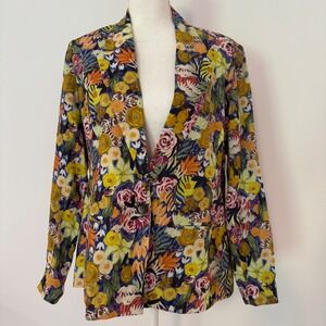 Foil Floral Linen Blazer Womens 10 Botanical Single Button